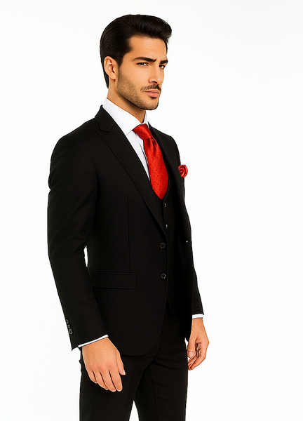 Rossi Man Men’s Slim Fit Black Suit | Double-Breasted Vest – Elegant Italian Formalwear for Men