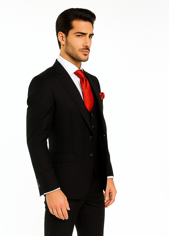 Rossi Man Men’s Slim Fit Black Suit | Double-Breasted Vest – Elegant Italian Formalwear for Men