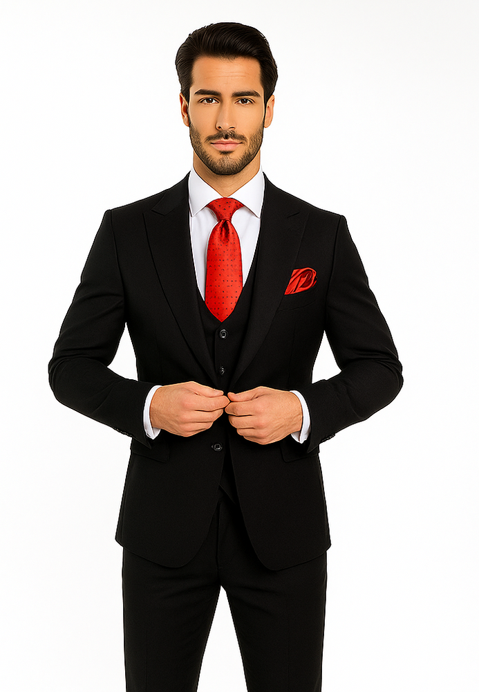 Rossi Man Men’s Slim Fit Black Suit | Double-Breasted Vest – Elegant Italian Formalwear for Men