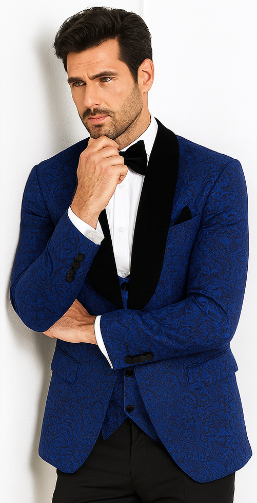 Rossi Man RM1483 – Slim Fit Smoking Style 3-Piece Tuxedo for Men - Elegant Modern Formalwear