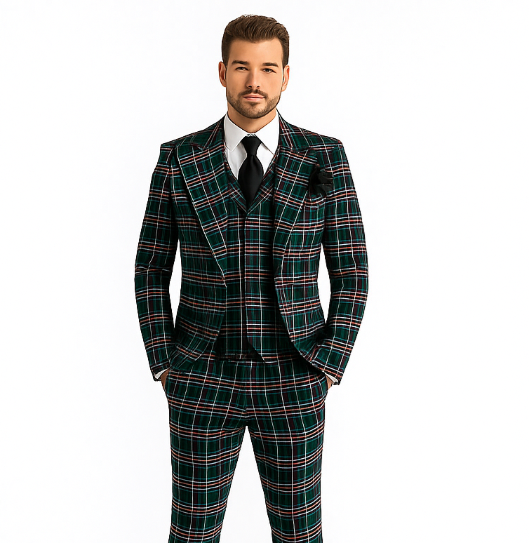 Rossi Man RM2311 – Premium Milano Fit Men’s 3-Piece Plaid Suit for Formal & Special Events