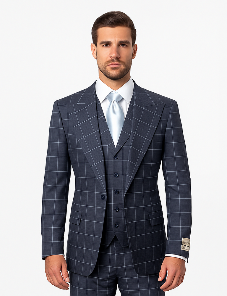 Rossi Man RM2312 – Classic Milano Fit Men’s 3-Piece Checkered Suit for Business & Formal Wear
