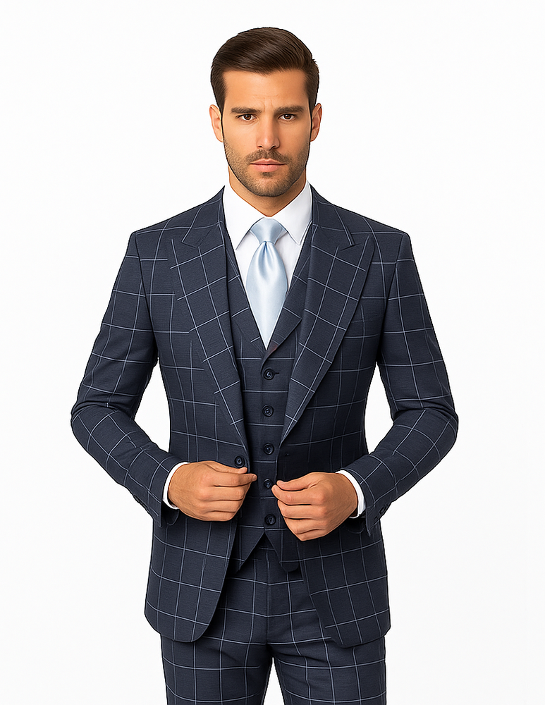 Rossi Man RM2312 – Classic Milano Fit Men’s 3-Piece Checkered Suit for Business & Formal Wear