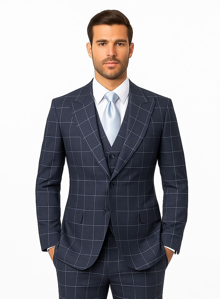 Rossi Man RM2312 – Classic Milano Fit Men’s 3-Piece Checkered Suit for Business & Formal Wear