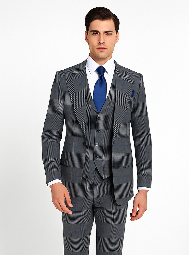 Rossi Man Sam RM2315 – Premium Milano Fit Men’s 3-Piece Plaid Suit for Business & Formal Wear