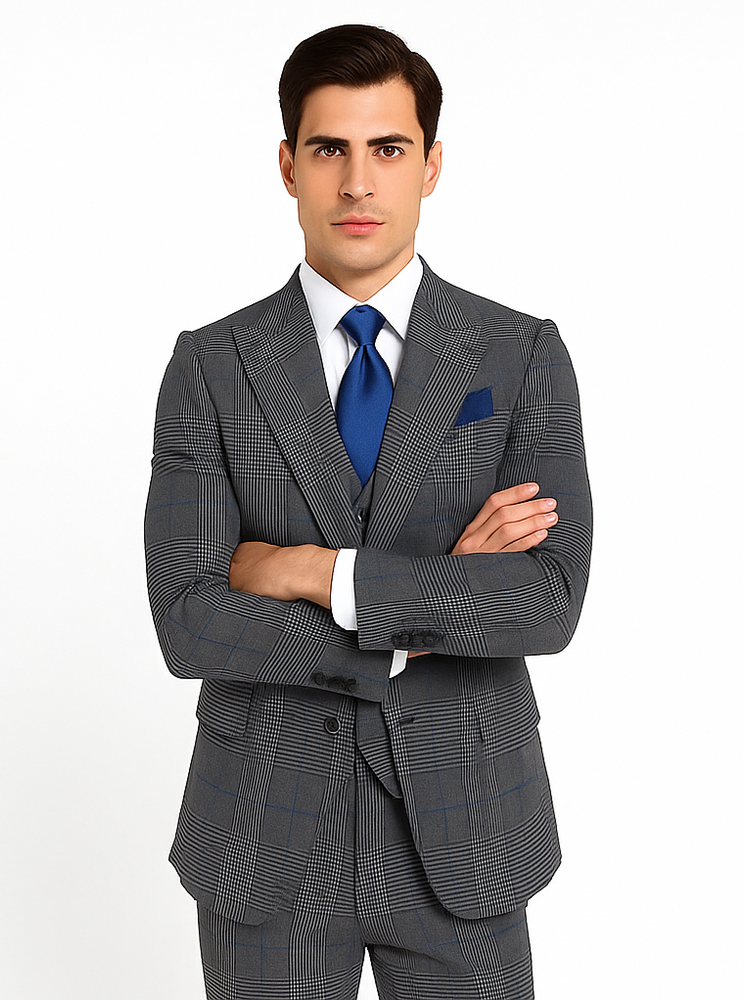 Rossi Man Sam RM2315 – Premium Milano Fit Men’s 3-Piece Plaid Suit for Business & Formal Wear