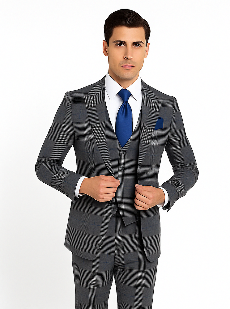 Rossi Man Sam RM2315 – Premium Milano Fit Men’s 3-Piece Plaid Suit for Business & Formal Wear