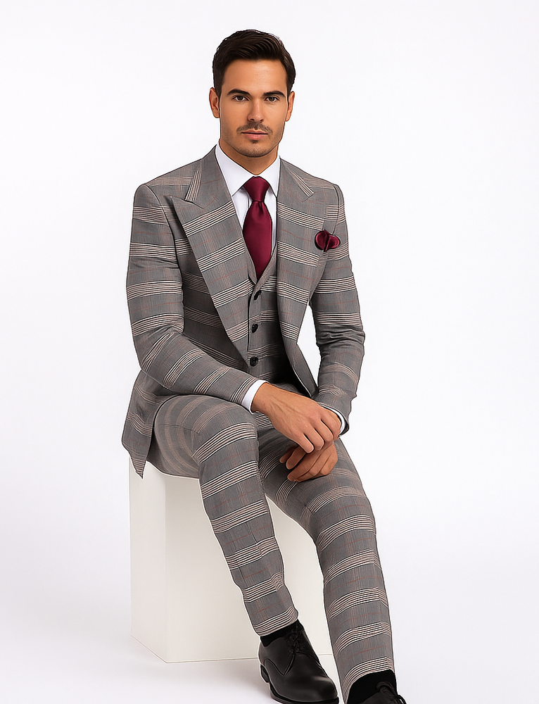 Rossi Man Sam RM2316 – Premium Milano Fit Men’s 3-Piece Plaid Suit for Formal & Business Wear