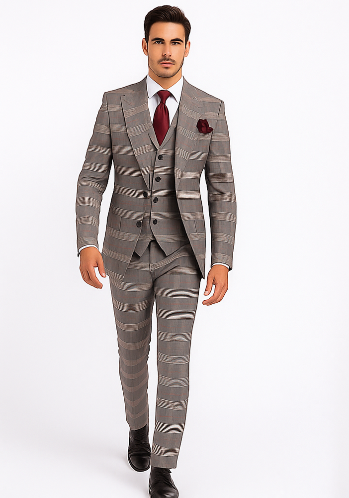 Rossi Man Sam RM2316 – Premium Milano Fit Men’s 3-Piece Plaid Suit for Formal & Business Wear
