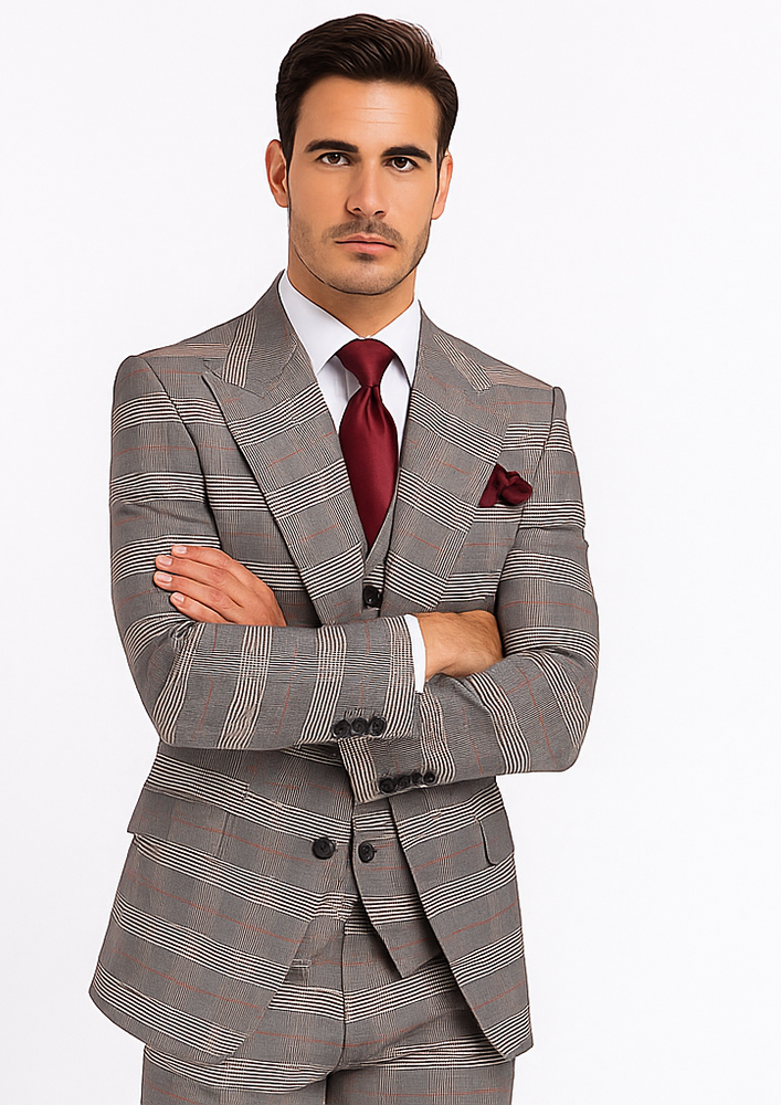 Rossi Man Sam RM2316 – Premium Milano Fit Men’s 3-Piece Plaid Suit for Formal & Business Wear