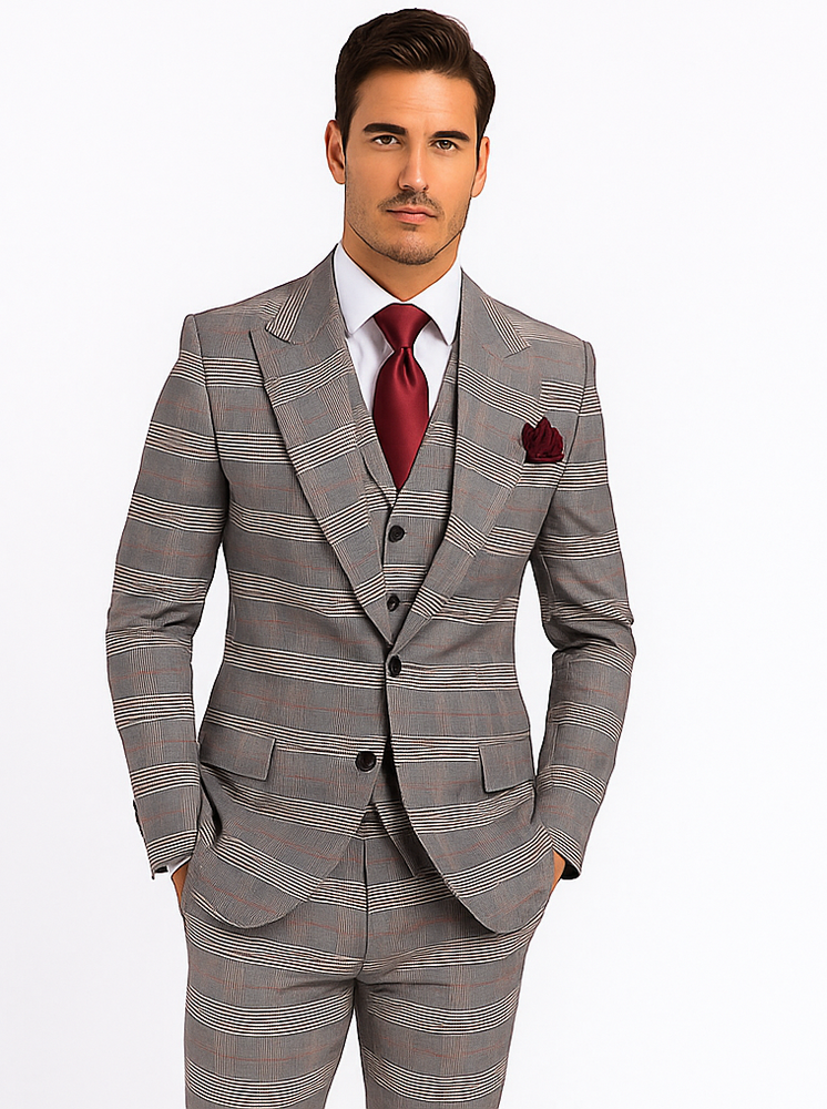 Rossi Man Sam RM2316 – Premium Milano Fit Men’s 3-Piece Plaid Suit for Formal & Business Wear