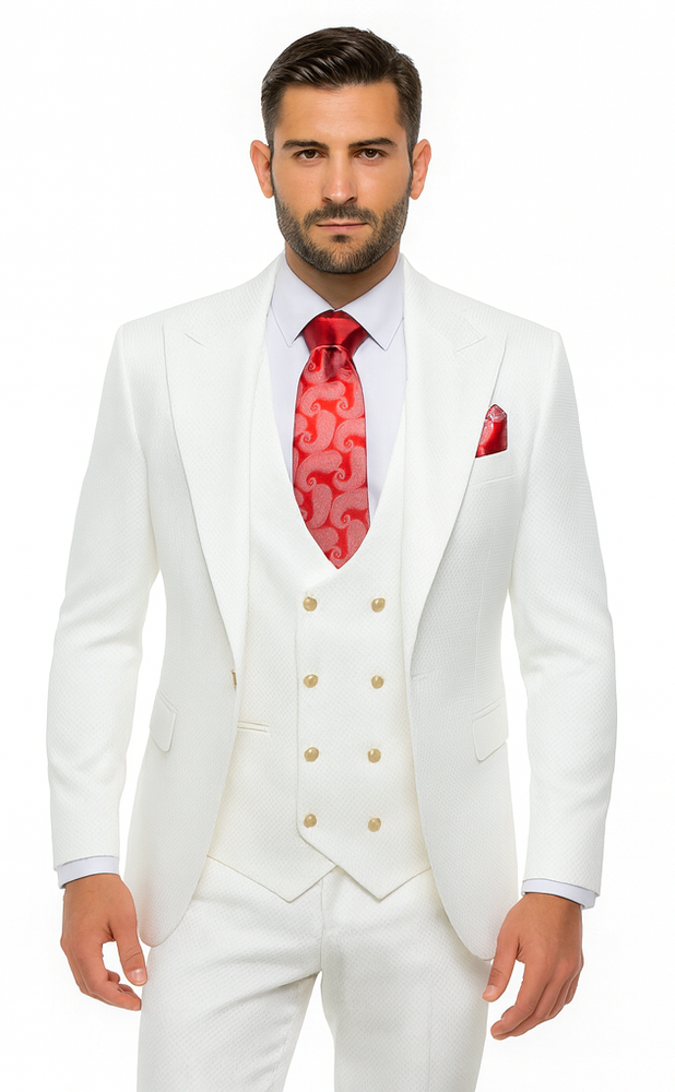 Rossi Man Slim Fit 3-Piece White Suit – Peak Lapel Jacket with Double-Breasted Vest