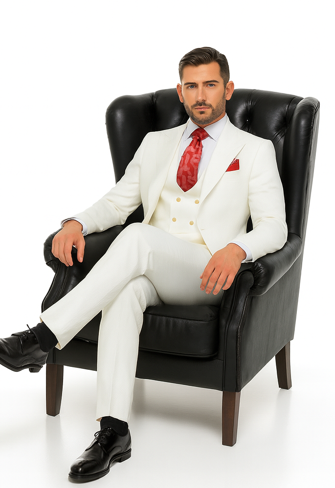 Rossi Man Slim Fit 3-Piece White Suit – Peak Lapel Jacket with Double-Breasted Vest