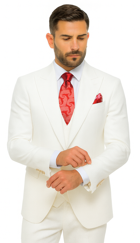 Rossi Man Slim Fit 3-Piece White Suit – Peak Lapel Jacket with Double-Breasted Vest
