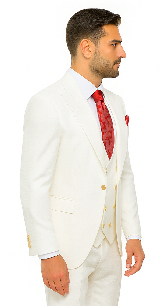Rossi Man Slim Fit 3-Piece White Suit – Peak Lapel Jacket with Double-Breasted Vest