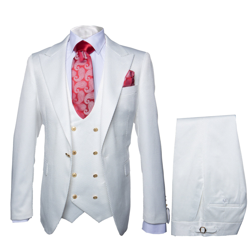 Rossi Man Slim Fit 3-Piece White Suit – Peak Lapel Jacket with Double-Breasted Vest