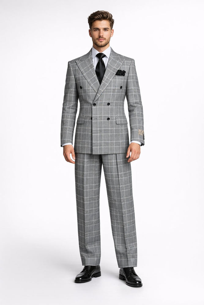 Suits With Baggy Pleated Pants - Wide Leg Pants 100% Wool - Classic Fit in Black and White Plaid Color by Rossiman