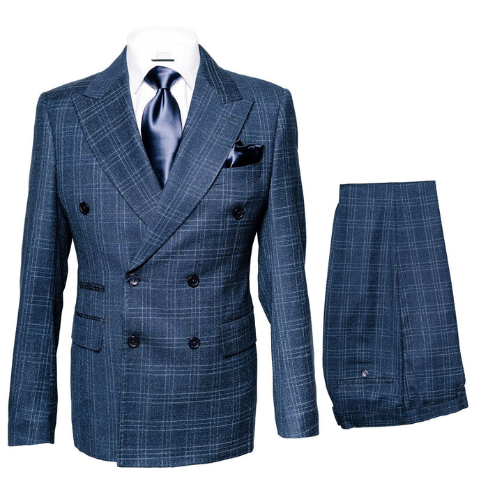 Mens Rossiman Blue Plaid Double Breasted Suit – Modern 6-Button Tailored Fit