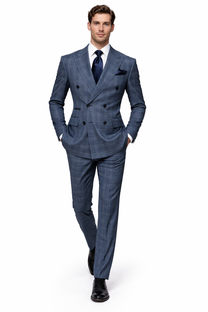 Mens Rossiman Blue Plaid Double Breasted Suit – Modern 6-Button Tailored Fit