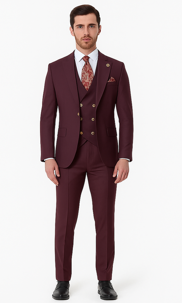 Rossiman Burgundy Suit for Men – Peak Lapel 1-Button Jacket & Double-Breasted Vest