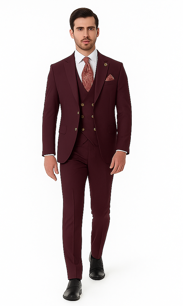 Rossiman Burgundy Suit for Men – Peak Lapel 1-Button Jacket & Double-Breasted Vest