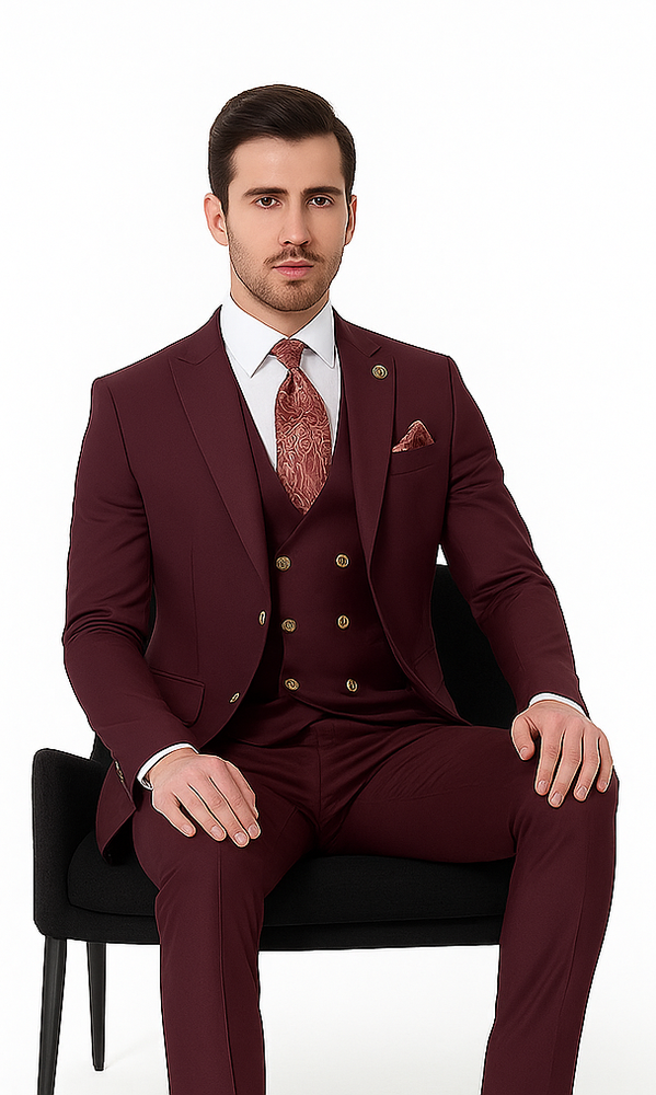 Rossiman Burgundy Suit for Men – Peak Lapel 1-Button Jacket & Double-Breasted Vest