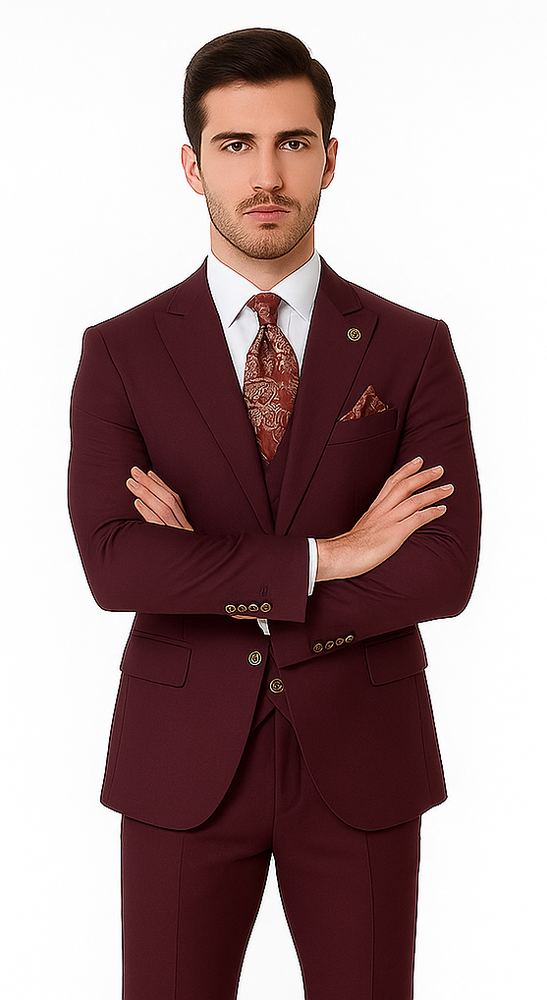 Rossiman Burgundy Suit for Men – Peak Lapel 1-Button Jacket & Double-Breasted Vest