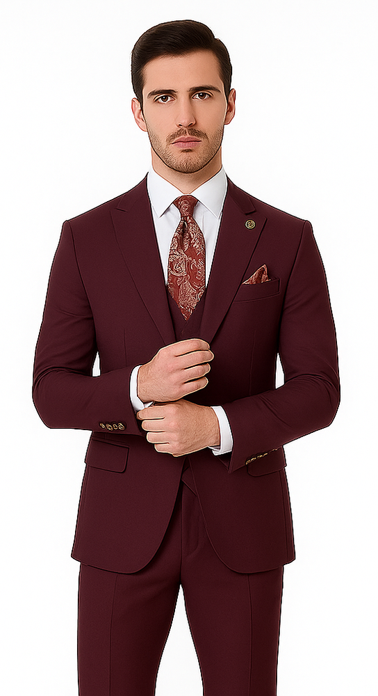 Rossiman Burgundy Suit for Men – Peak Lapel 1-Button Jacket & Double-Breasted Vest