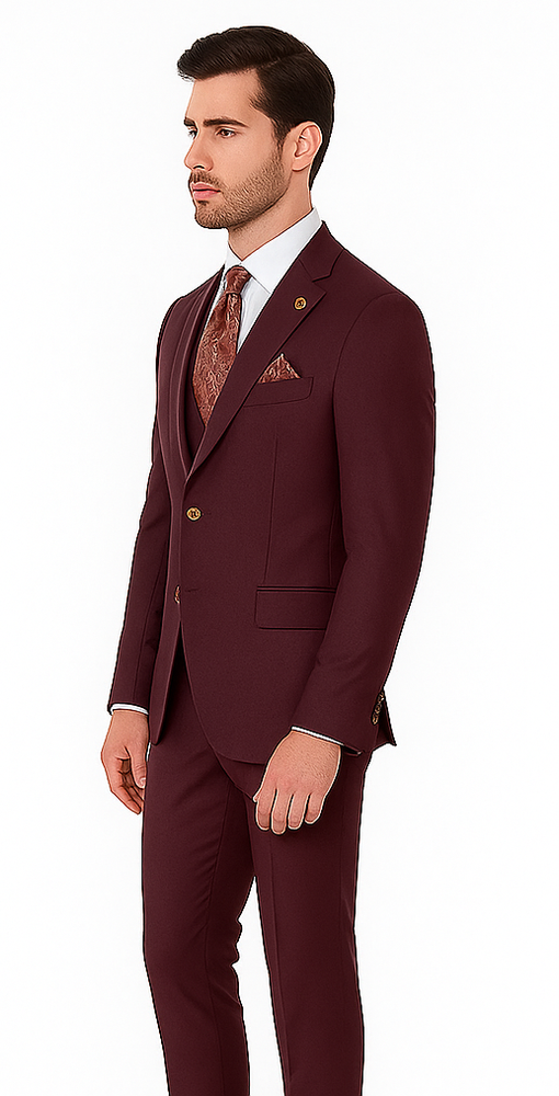 Rossiman Burgundy Suit for Men – Peak Lapel 1-Button Jacket & Double-Breasted Vest