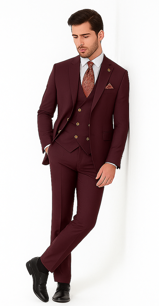 Rossiman Burgundy Suit for Men – Peak Lapel 1-Button Jacket & Double-Breasted Vest