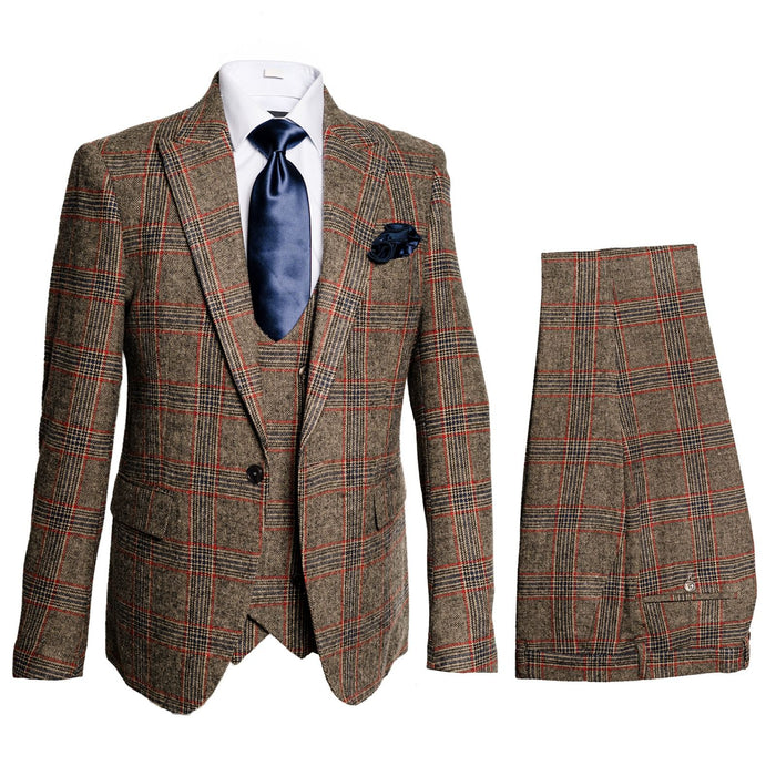 Mens Rossiman Brown Plaid 3-Piece Vested Suit – Classic Tailored Fit