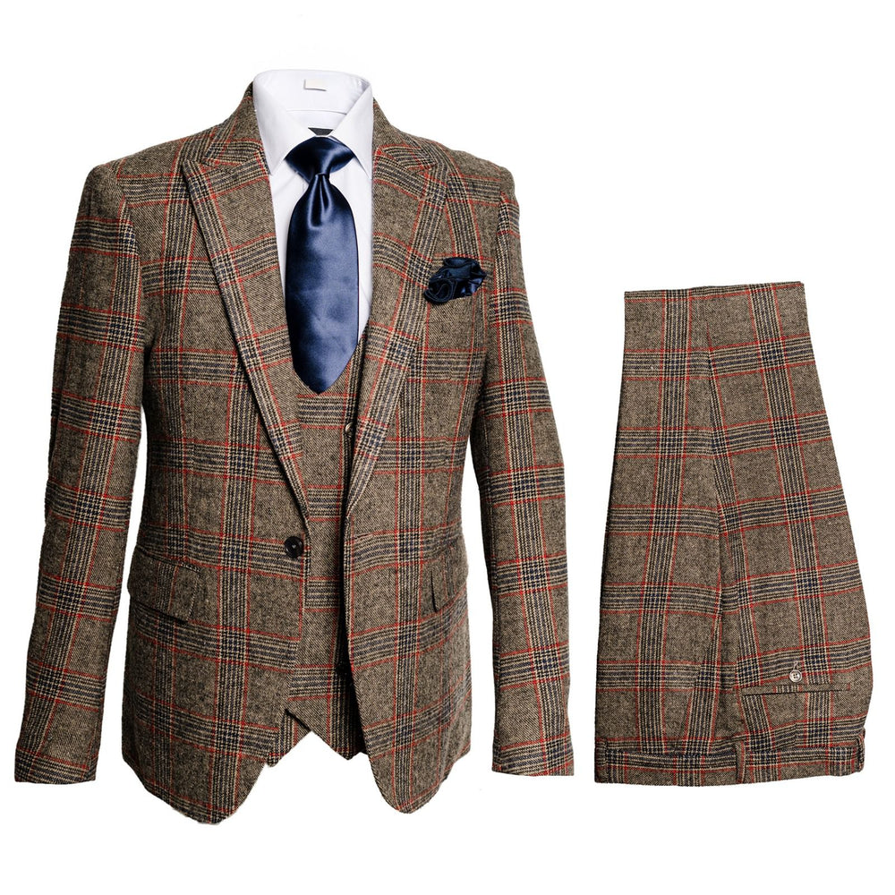 Mens Rossiman Brown Plaid 3-Piece Vested Suit – Classic Tailored Fit