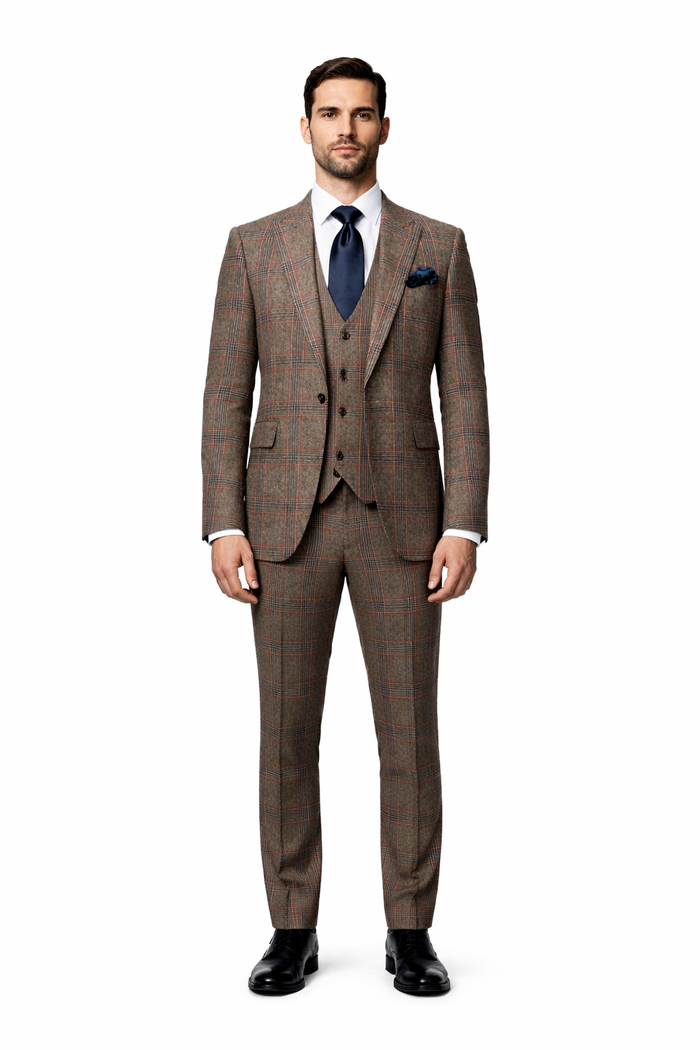 Mens Rossiman Brown Plaid 3-Piece Vested Suit – Classic Tailored Fit