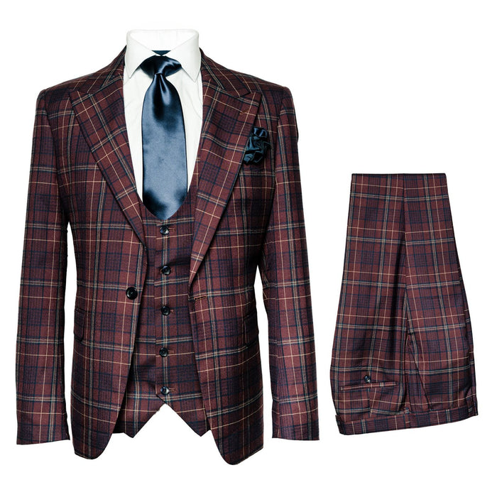 Mens Rossiman Burgundy Plaid 3-Piece Vested Suit – Modern Tailored Fit