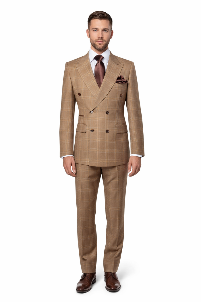 Rossiman Camel Regent Plaid Double-Breasted 3-Piece Heritage Suit