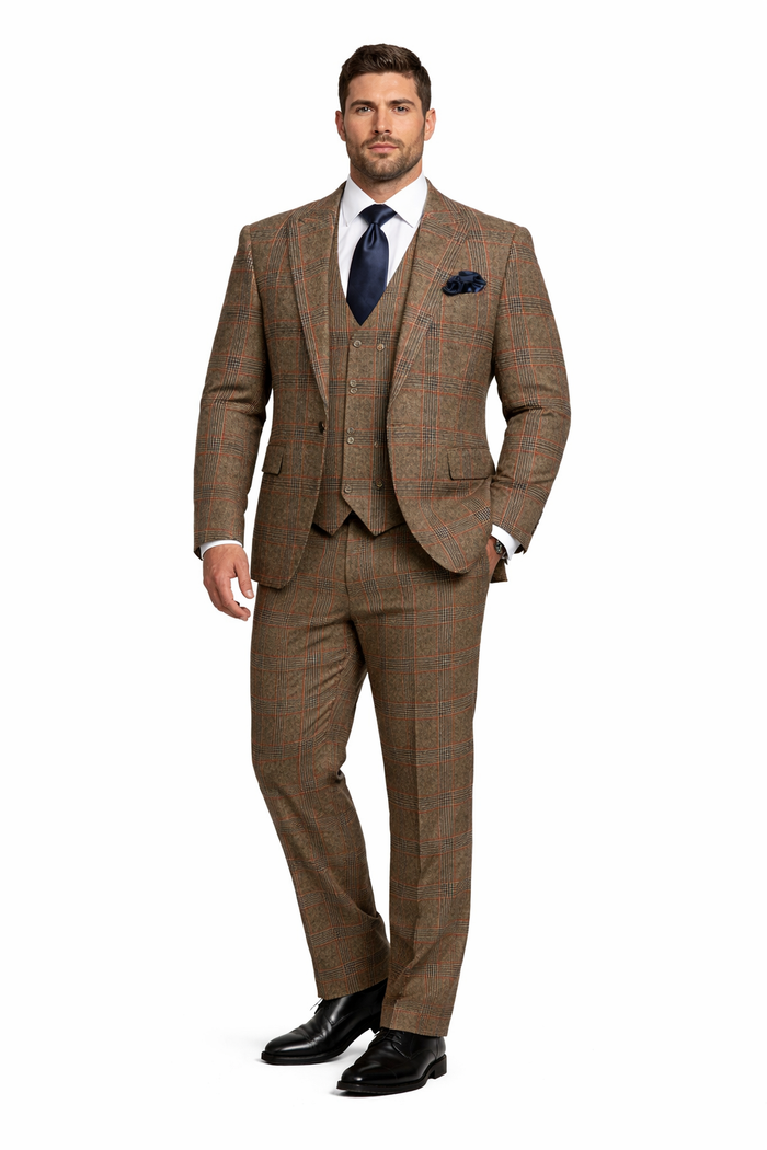 Mens Rossiman Brown Plaid 3-Piece Vested Suit – Classic Tailored Fit