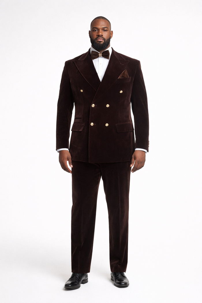 Cocoa Regent Velvet Double-Breasted Tuxedo Suit by Rossiman