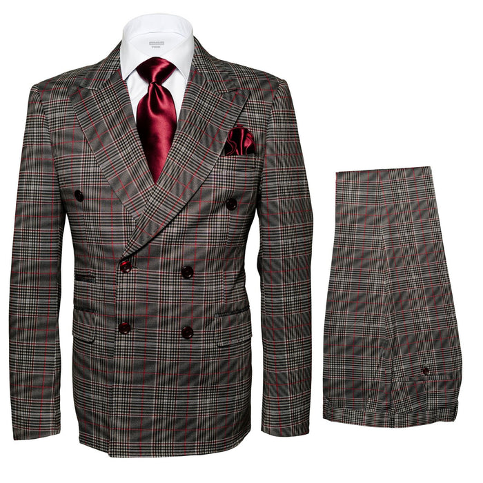 Mens Rossiman Grey Plaid Double Breasted Suit – Modern 6-Button Tailored Fit