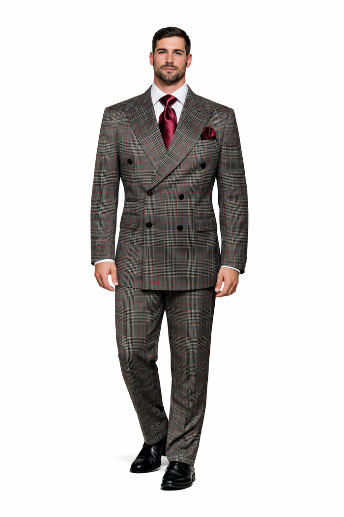 Mens Rossiman Grey Plaid Double Breasted Suit – Modern 6-Button Tailored Fit