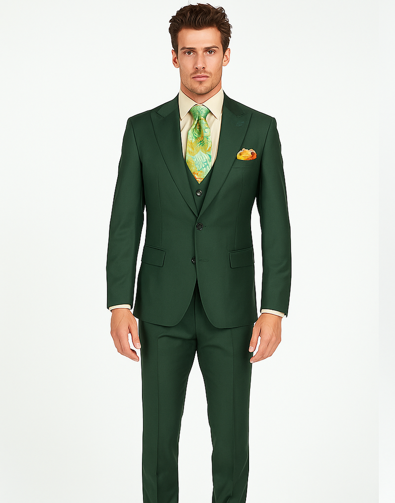 Rossiman Hunter Green Slim Fit Men’s Suit | 3-Piece Vested Set with Flat Front Trousers – Italian Tailored Elegance