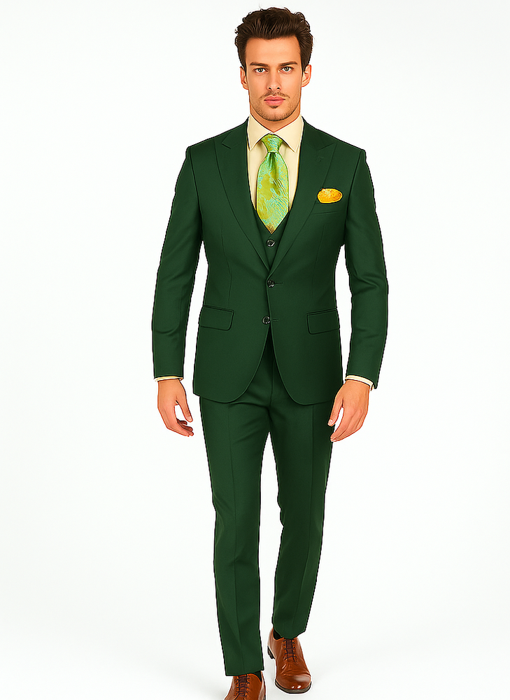 Rossiman Hunter Green Slim Fit Men’s Suit | 3-Piece Vested Set with Flat Front Trousers – Italian Tailored Elegance