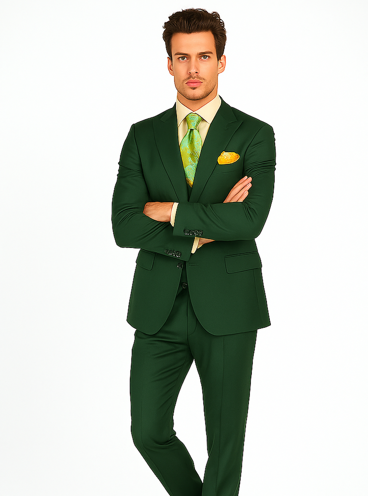 Rossiman Hunter Green Slim Fit Men’s Suit | 3-Piece Vested Set with Flat Front Trousers – Italian Tailored Elegance