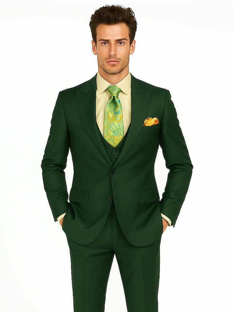 Rossiman Hunter Green Slim Fit Men’s Suit | 3-Piece Vested Set with Flat Front Trousers – Italian Tailored Elegance