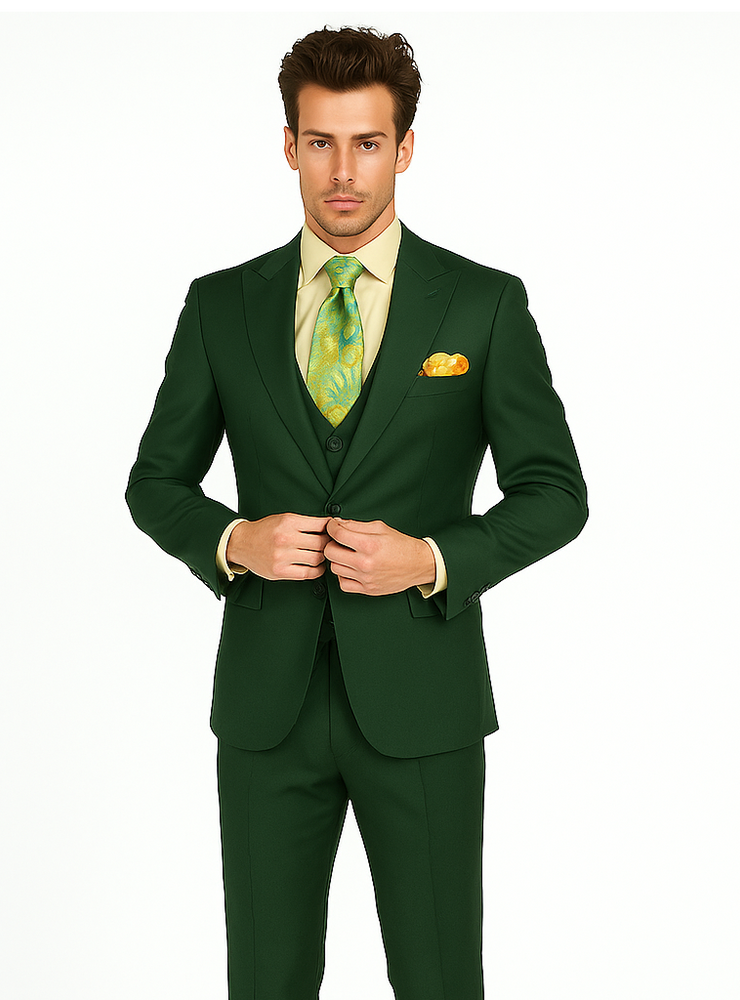 Rossiman Hunter Green Slim Fit Men’s Suit | 3-Piece Vested Set with Flat Front Trousers – Italian Tailored Elegance
