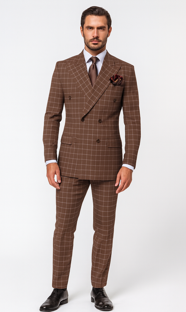 Rossiman Men’s Brown Plaid Suit – Classic Fit with Baggy Pleated Wide-Leg Wool Trousers