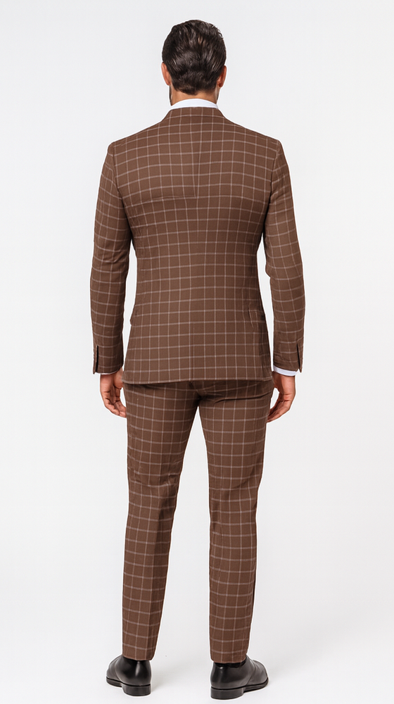Rossiman Men’s Brown Plaid Suit – Classic Fit with Baggy Pleated Wide-Leg Wool Trousers