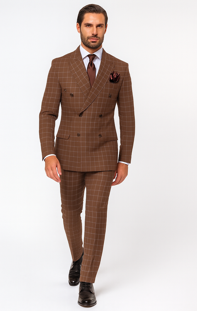 Rossiman Men’s Brown Plaid Suit – Classic Fit with Baggy Pleated Wide-Leg Wool Trousers
