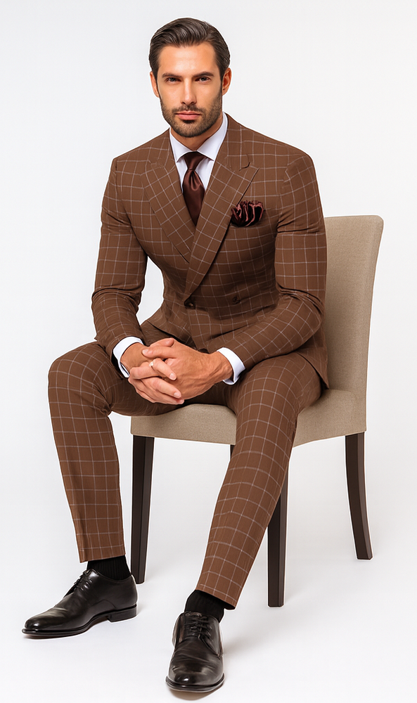 Rossiman Men’s Brown Plaid Suit – Classic Fit with Baggy Pleated Wide-Leg Wool Trousers