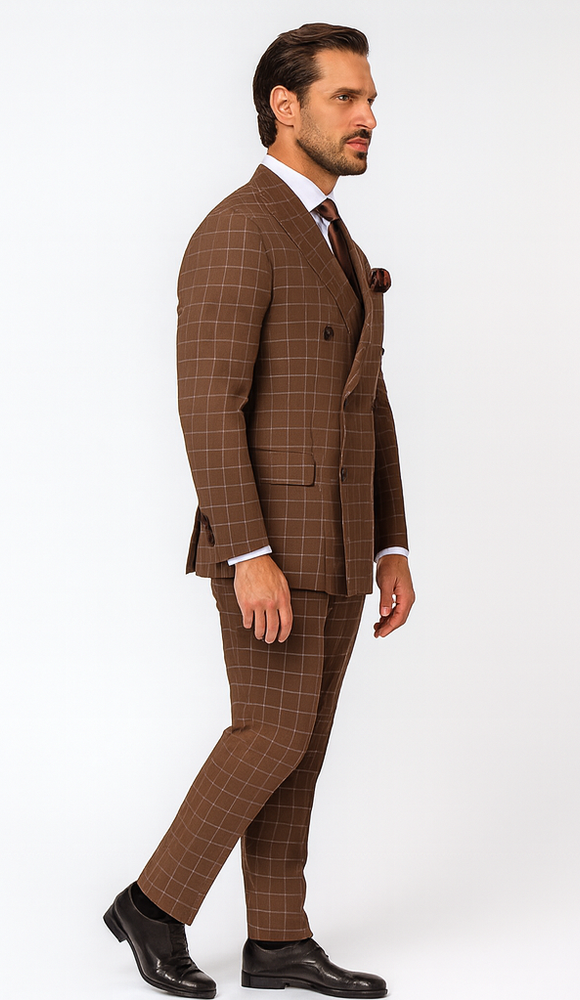 Rossiman Men’s Brown Plaid Suit – Classic Fit with Baggy Pleated Wide-Leg Wool Trousers