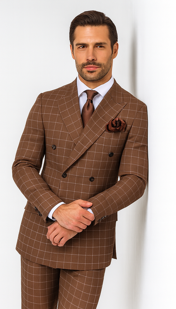 Rossiman Men’s Brown Plaid Suit – Classic Fit with Baggy Pleated Wide-Leg Wool Trousers